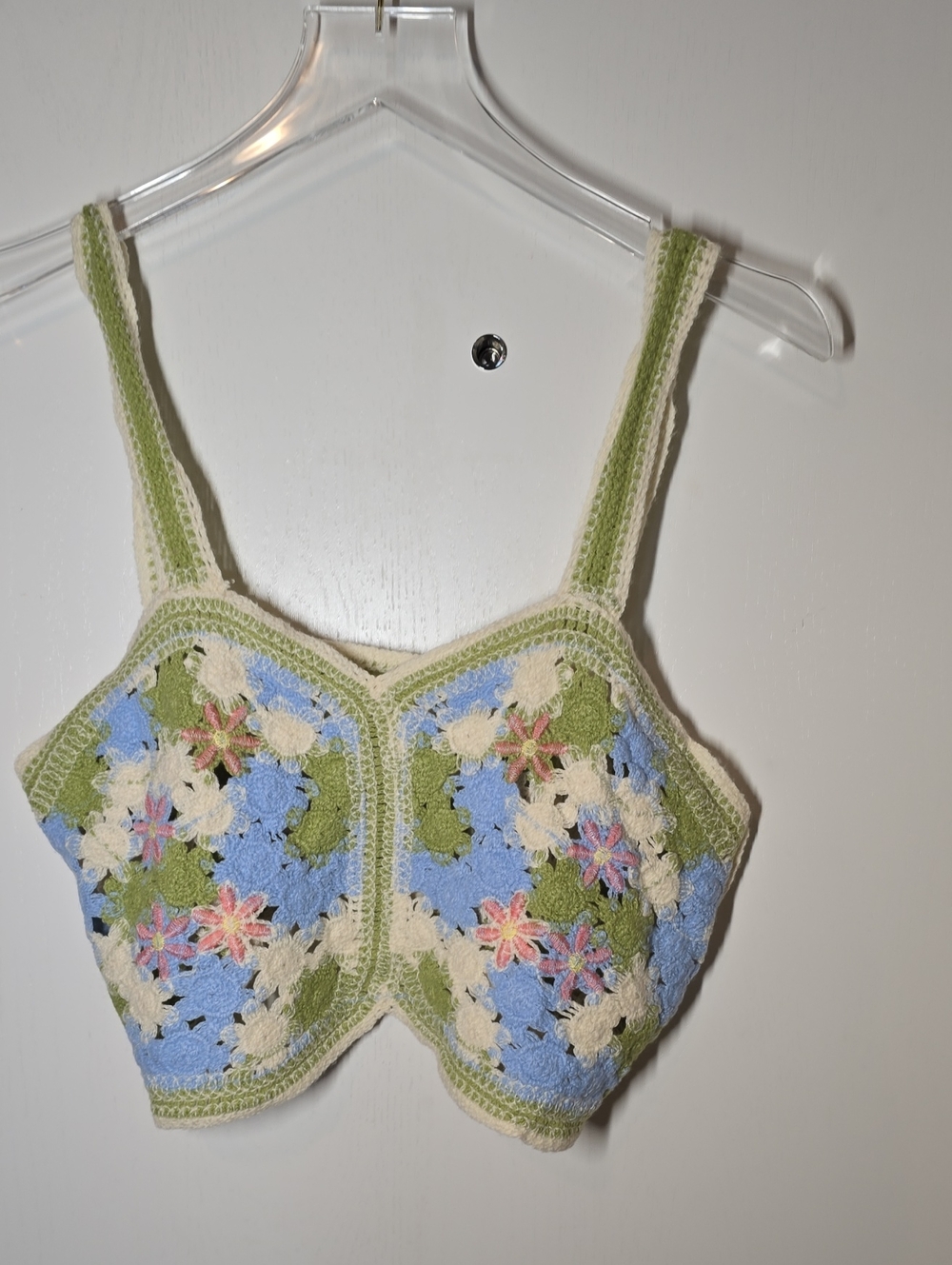 Korean Crochet Floral Bralette Crop Top - Blue & Cream